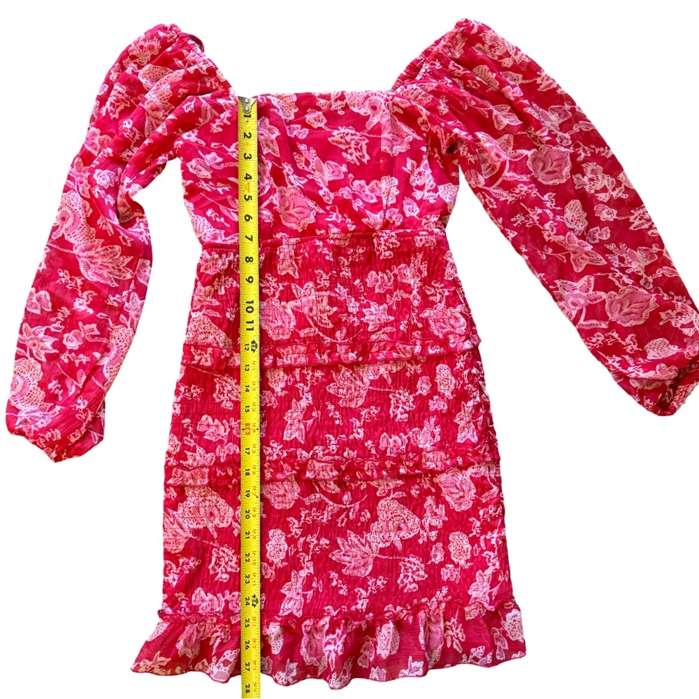 Hot‎ Pink Floral Smocked Mini Dress Puff Sleeve Cottagecore Romantic Size S - Picture 3 of 6